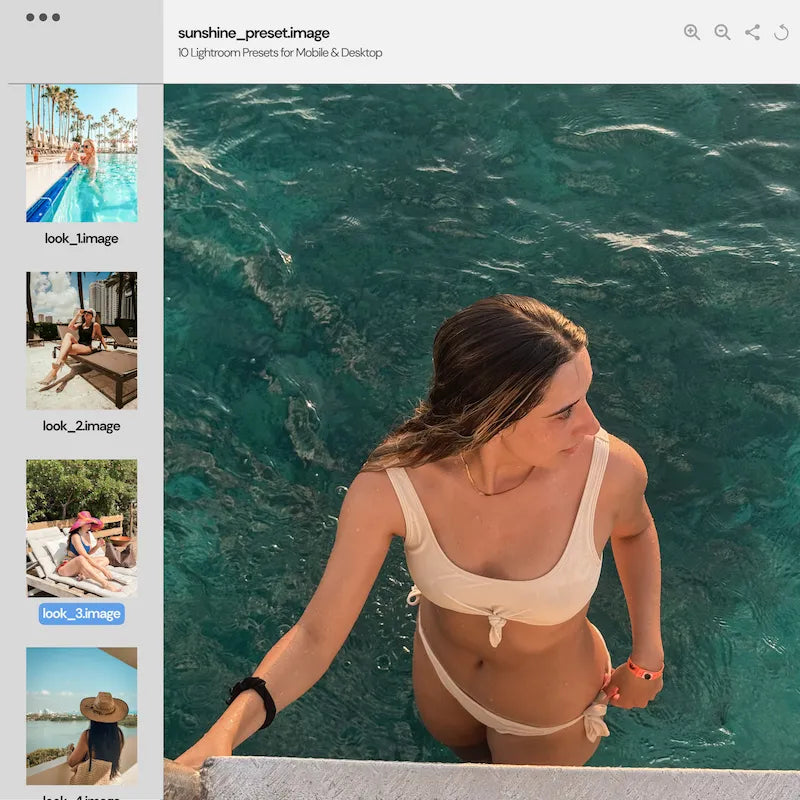 Sunshine Lightroom preset variations preview showing a pool portrait with turquoise water, warm skin tones, and bright sunlit color