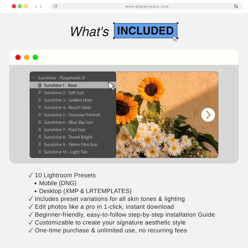 What’s included in Sunshine Lightroom presets collection showing 10 presets and files for mobile and desktop