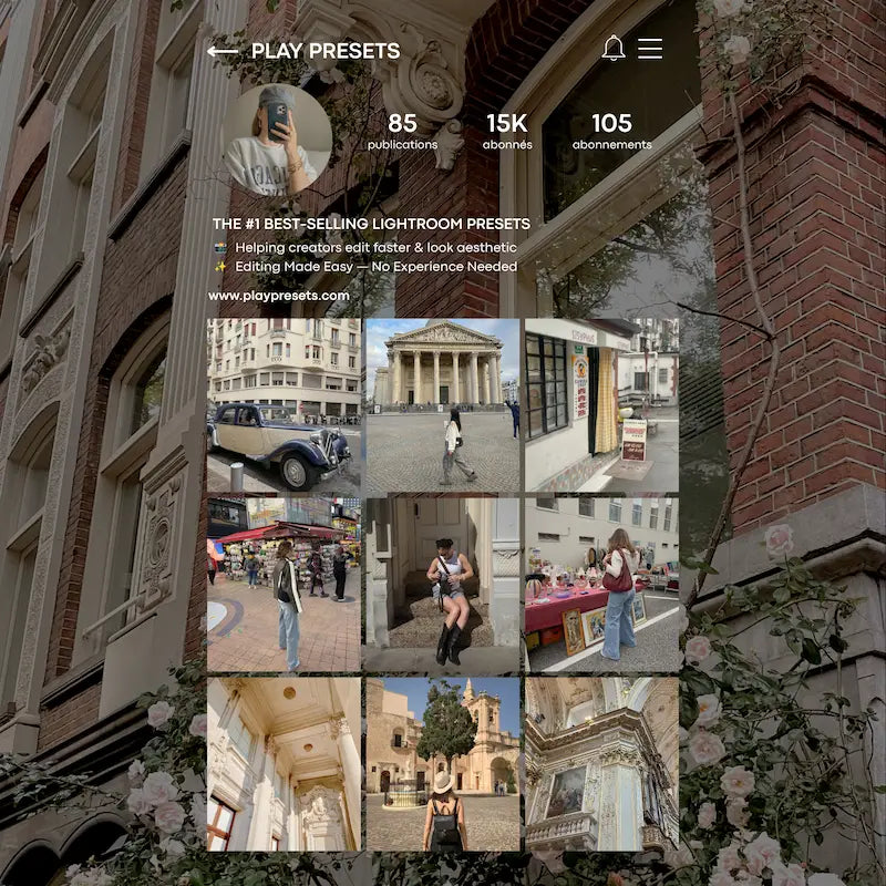 Instagram feed preview edited with Vintage Film Lightroom presets showing a cohesive nostalgic analog film aesthetic