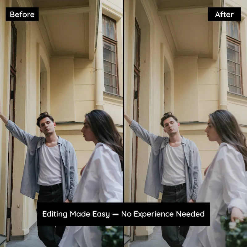 Before and after portrait edited with Vintage Film Lightroom presets showing warm analog tones and a timeless 35mm film look