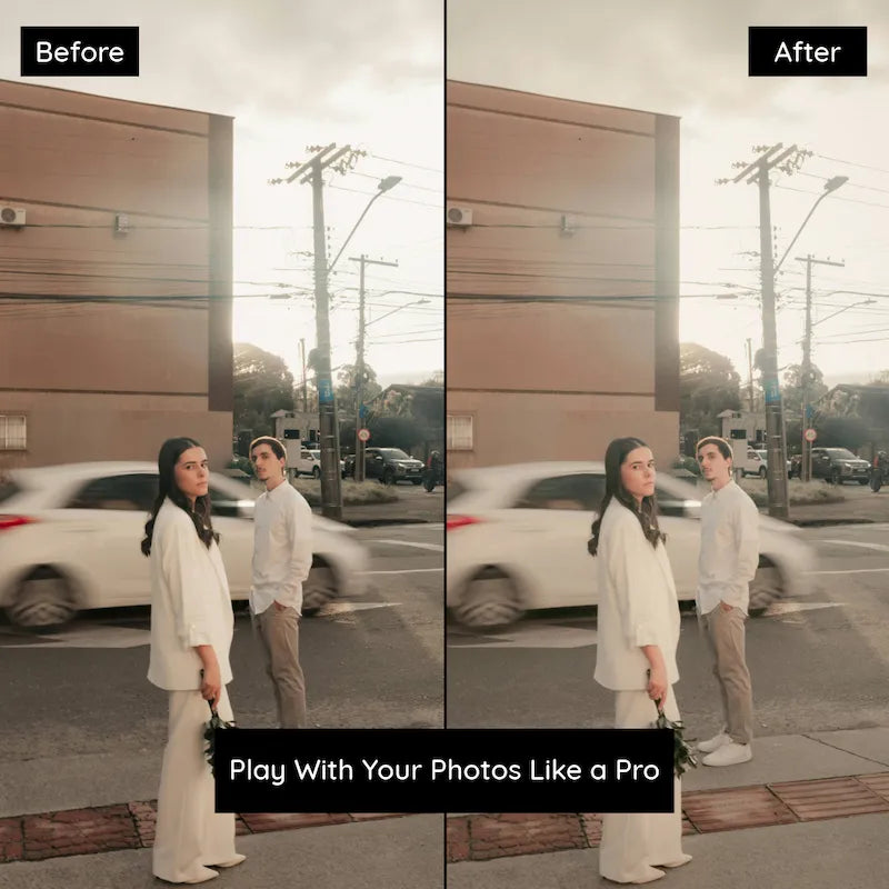 Before and after street photo edited with Vintage Film Lightroom presets featuring faded shadows and nostalgic film colors