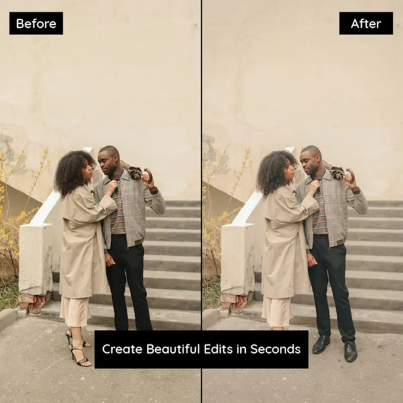 Before and after lifestyle photo edited with Vintage Film Lightroom presets creating soft grain and classic analog warmth