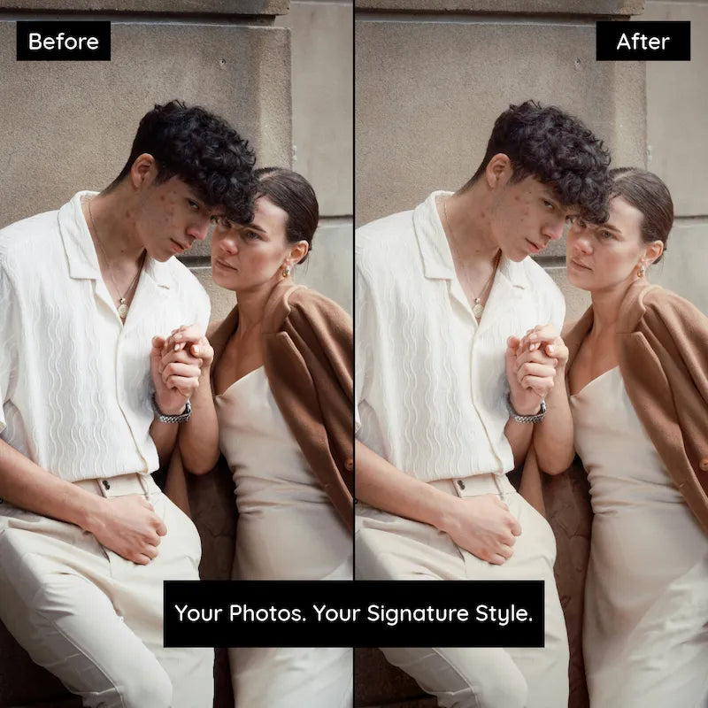 Before and after couple portrait edited with Vintage Film Lightroom presets showing natural skin tones and vintage film color