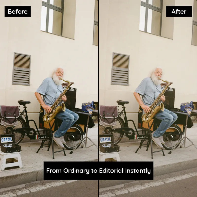 Before and after outdoor lifestyle photo edited with Vintage Film Lightroom presets featuring warm tones and cinematic contrast