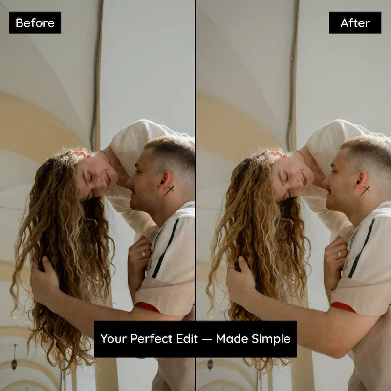 Before and after couple photo edited with Vintage Film Lightroom presets creating nostalgic 35mm-inspired colors and soft warmth