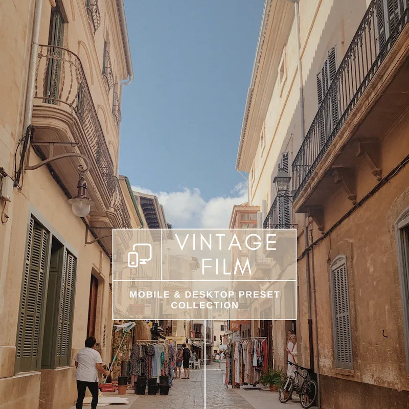 Vintage Film Lightroom presets cover image showing a timeless analog aesthetic with warm 35mm-inspired tones