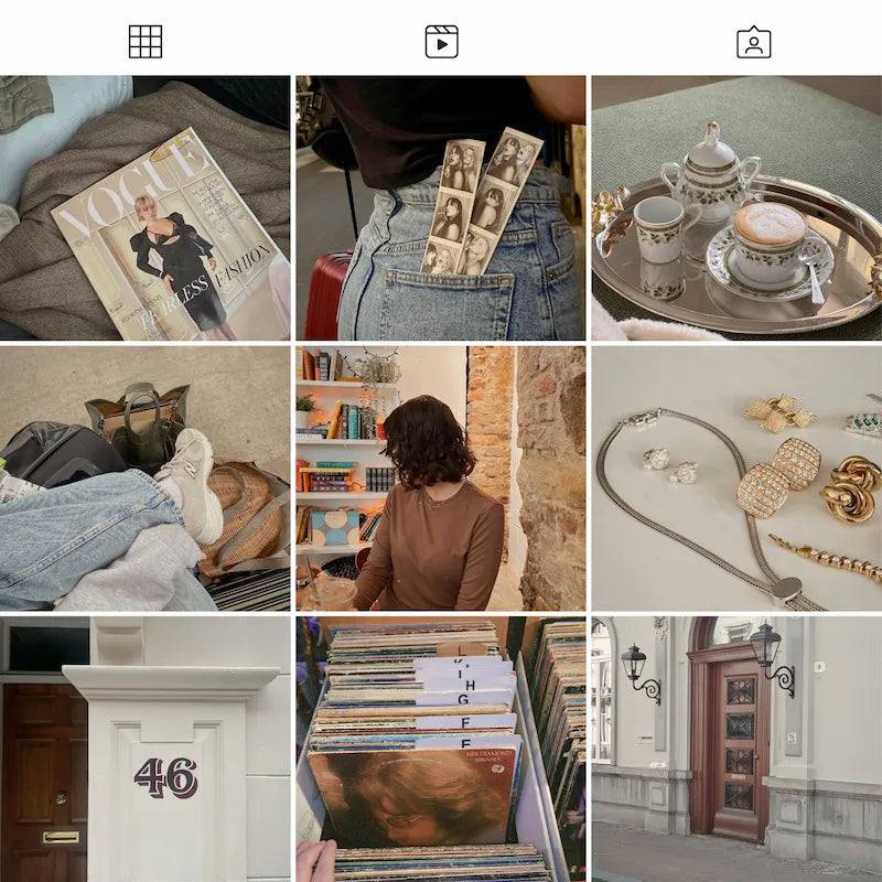 Photo grid preview edited with Vintage Film Lightroom presets showing consistent vintage analog tones across lifestyle and travel photos