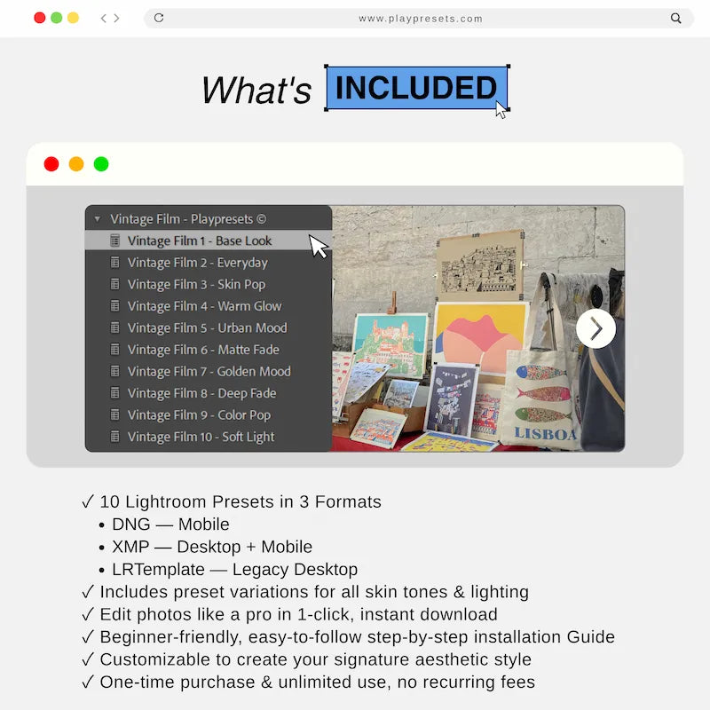 What’s included in Vintage Film Lightroom presets collection showing preset files and variations for mobile and desktop