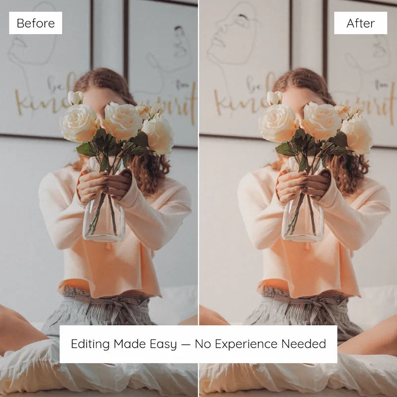 Before and after portrait edited with Warm Peach Lightroom presets showing soft peach tones, luminous light, and natural-looking skin