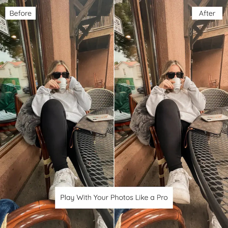 Before and after lifestyle portrait edited with Warm Peach Lightroom presets featuring pastel warmth, soft peach color, and balanced skin tones