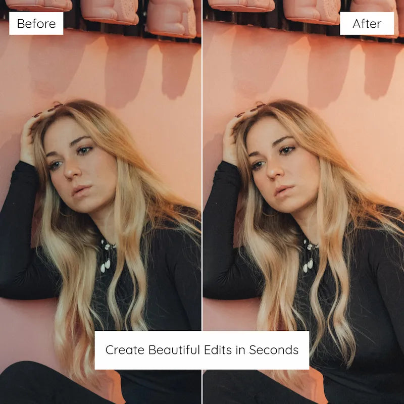 Before and after fashion portrait edited with Warm Peach Lightroom presets showing warm peach tones, gentle contrast, and radiant skin