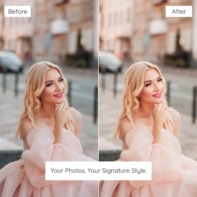 Before and after portrait edited with Warm Peach Lightroom presets featuring soft pastel warmth, luminous highlights, and natural-looking skin tones