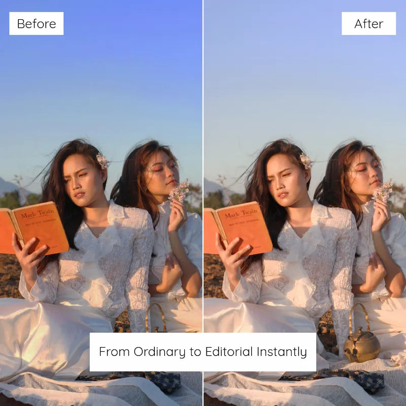 Before and after outdoor lifestyle photo edited with Warm Peach Lightroom presets showing warm sunlight, soft peach tones, and natural skin tones