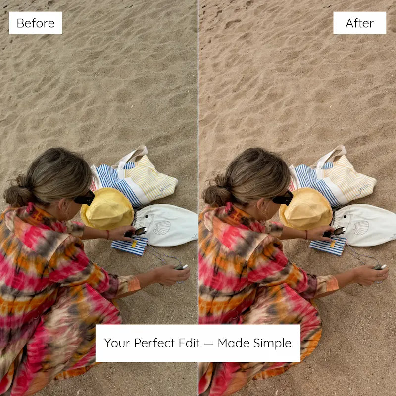 Before and after beach lifestyle photo edited with Warm Peach Lightroom presets featuring pastel warmth, soft natural color, and balanced light