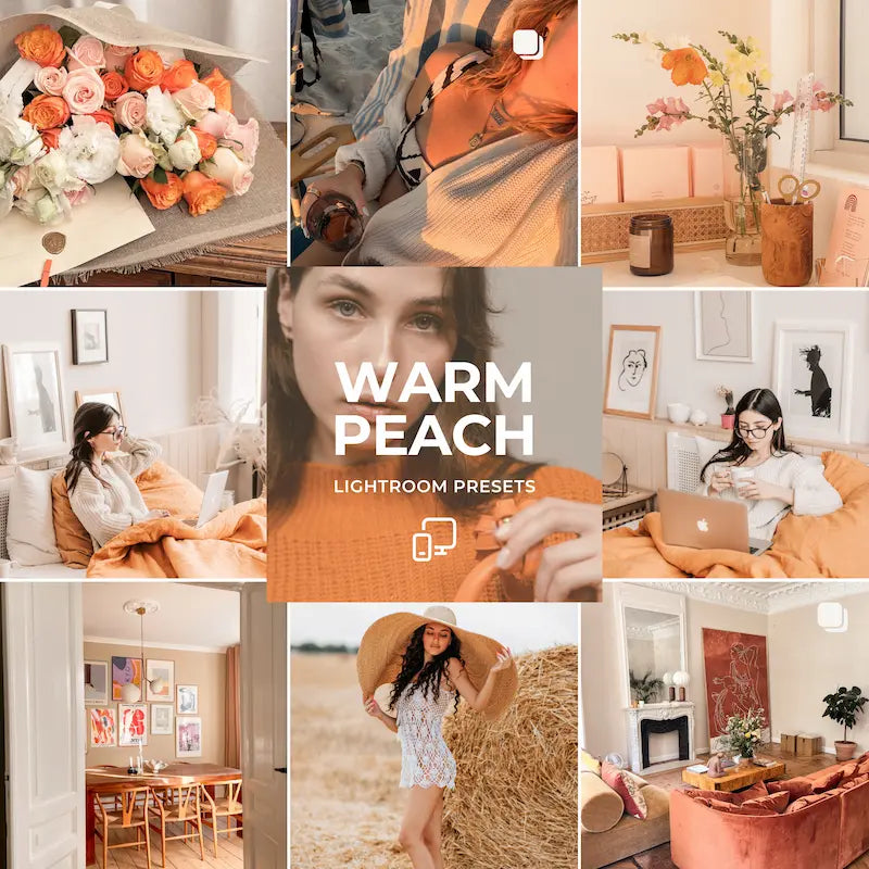 Warm Peach Lightroom presets cover showing portraits, lifestyle scenes, soft peach tones, pastel warmth, and luminous light