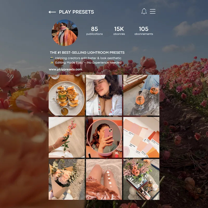 Instagram feed preview edited with Warm Peach Lightroom presets showing cohesive peach tones, warm pastel color, radiant light, and lifestyle photography