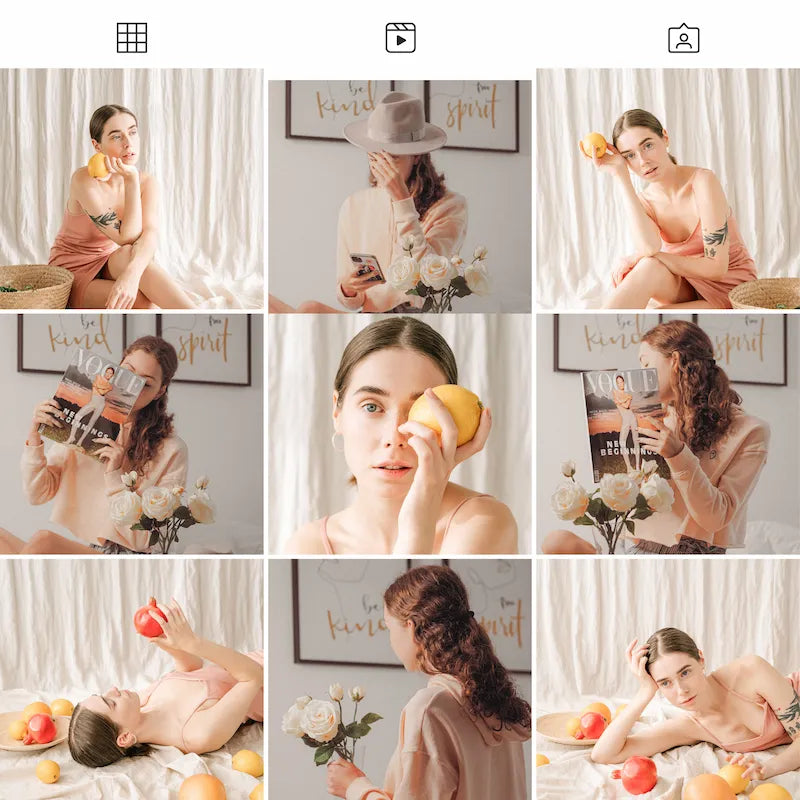 Photo grid preview edited with Warm Peach Lightroom presets showing portraits, lifestyle scenes, soft peach tones, and warm pastel color