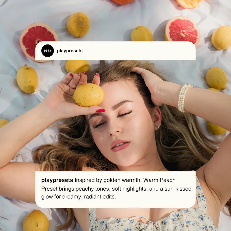 Warm Peach Lightroom presets preview showing a portrait with soft peach tones, warm pastel color, luminous light, and natural-looking skin