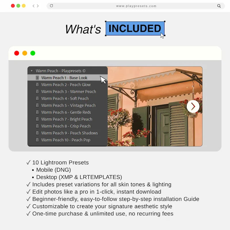 What’s included in Warm Peach Lightroom presets collection showing 10 presets and files for mobile and desktop